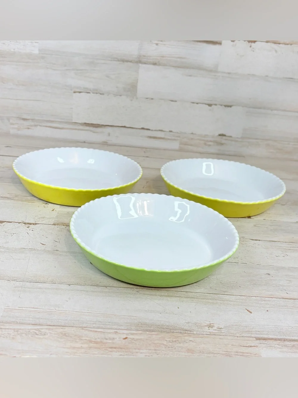 Lot Of 3 Vintage Valentina Yellow Green Scalloped Edge Stoneware Baking Dish